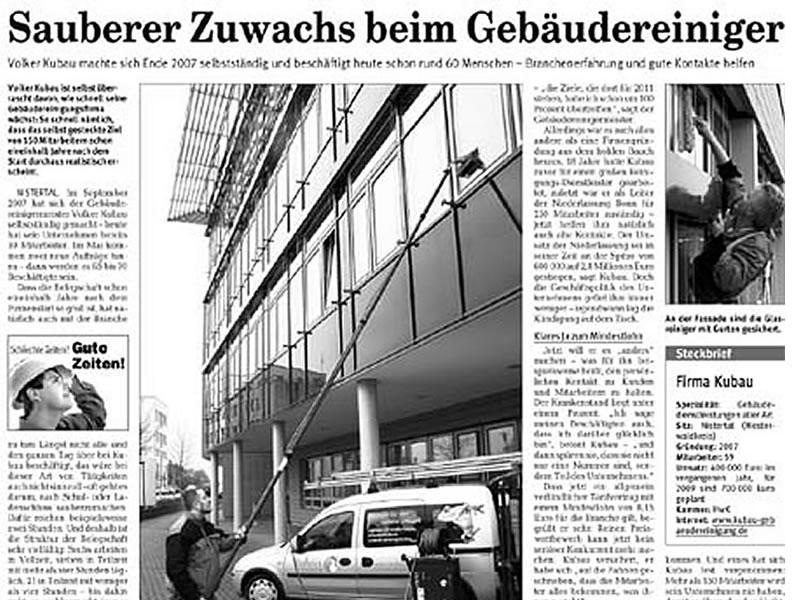 Pressebericht in der Rhein-Zeitung: Sauberer Zuwachs beim Gebäudereiniger - Glasreinigung Rhein-Sieg-Kreis - Unterhaltsreinigung Koblenz - Gebäudereinigung Kubau, Nistertal - Westerwald - Spezialreinigungsunternehmen für Teppichbodenreinigung - Unterhaltsreinigung - Glasreinigung - Koblenz - Rhein-Sieg-Kreis und die Region Westerwald Pressebericht in der Rhein-Zeitung - Gebäudereinigung Kubau bietet professionelle Reinigungsdienstleistungen im Westerwald, Koblenz, Rhein-Sieg-Kreis und Umgebung. Wir sind Ihr zuverlässiger Partner für Gebäudereinigung, Glasreinigung, Unterhaltsreinigung, Fassadenreinigung, Bauschlussreinigung, Teppichbodenreinigung, Winterdienst und Hausmeisterdienst