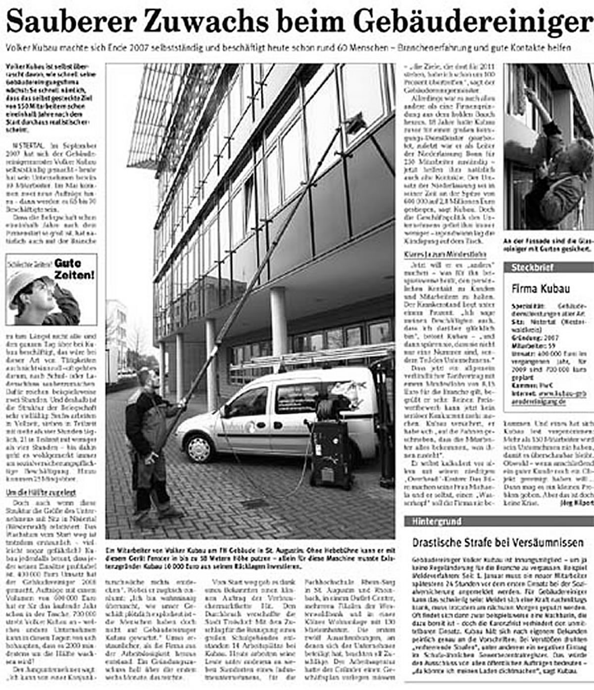 Pressebericht in der Rhein-Zeitung - Gebäudereinigung Kubau bietet professionelle Reinigungsdienstleistungen im Westerwald, Koblenz, Rhein-Sieg-Kreis und Umgebung. Wir sind Ihr zuverlässiger Partner für Gebäudereinigung, Glasreinigung, Unterhaltsreinigung, Fassadenreinigung, Bauschlussreinigung, Teppichbodenreinigung, Winterdienst und Hausmeisterdienst